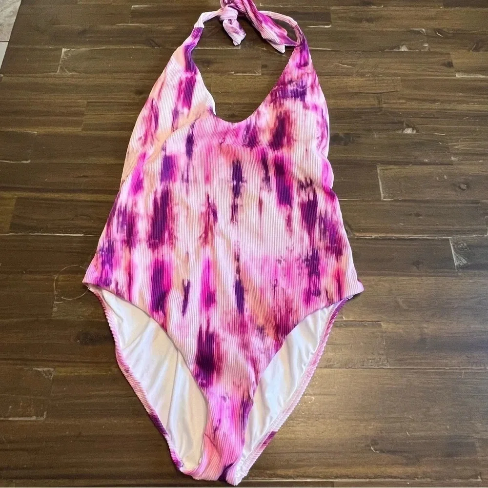 PQ Swim Spell Avery Tie Dye Pink Purple Halter One Piece Swimsuit Bikini Large